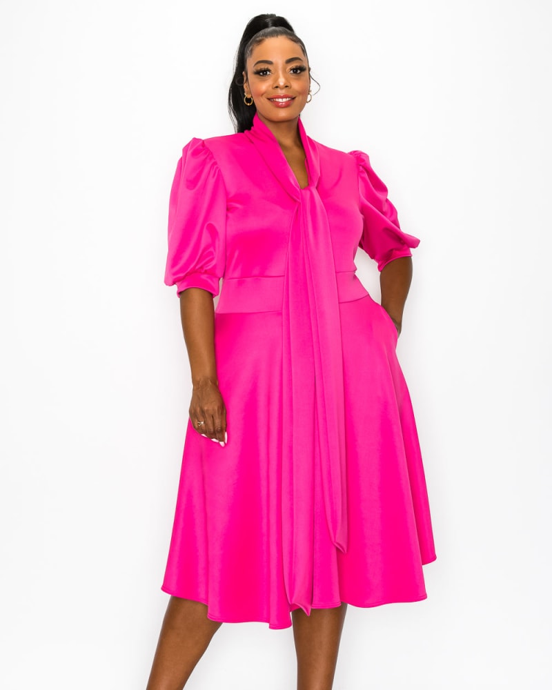 Front of a model wearing a size 1X Casey Scuba Flare Dress in Fuchsia/Purple by L I V D. | dia_product_style_image_id:241425